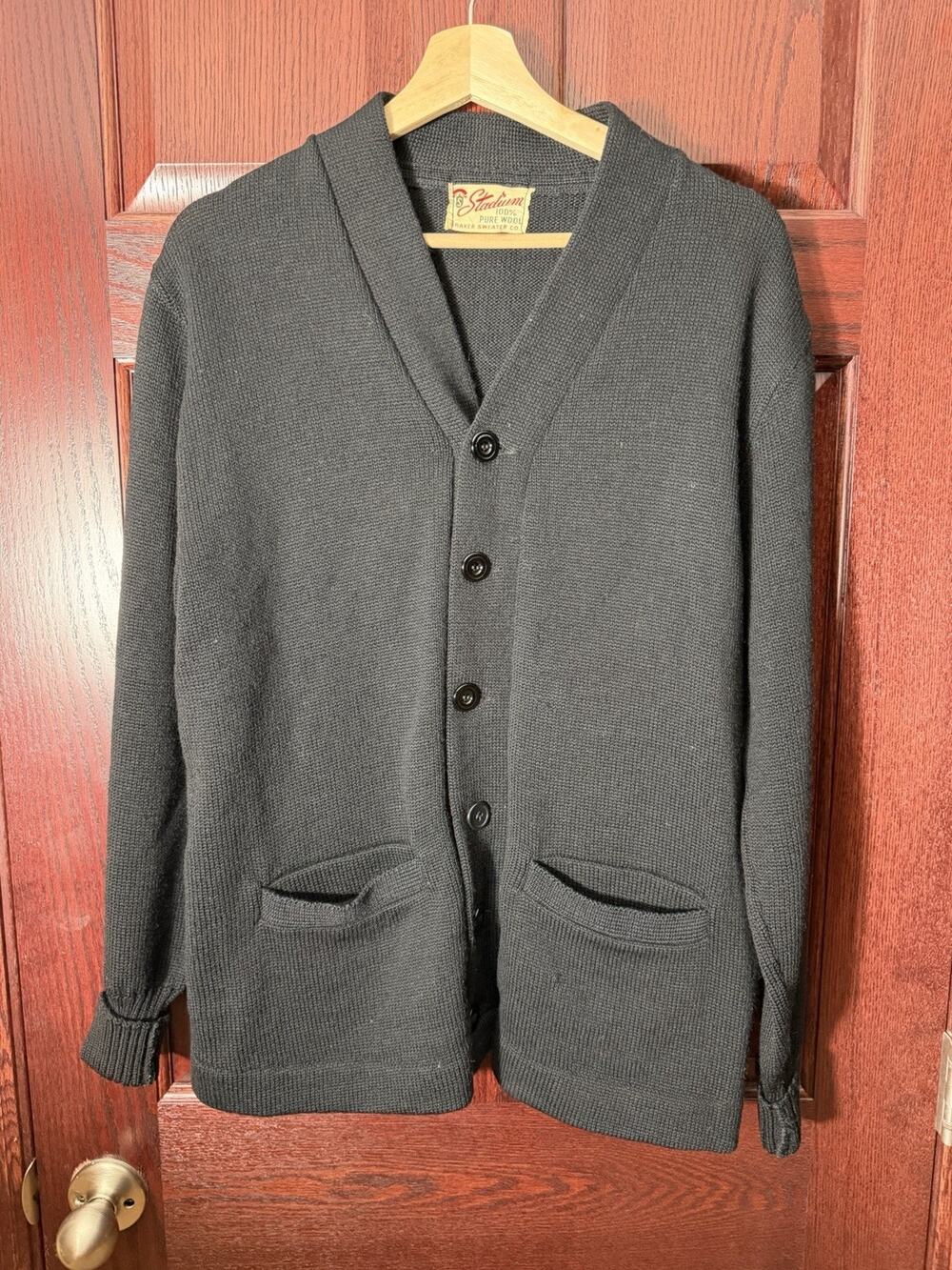 Stadium Men’s Wool Knit Cardigan Sweater Black V-Neck Button Front Pockets